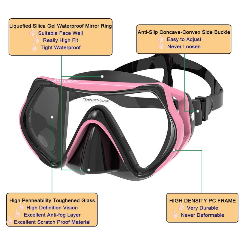 WACOOL Professional Snorkeling Snorkel Diving Scuba Package Set with Anti-Fog Coated Glass Purge Valve and Anti-Splash Silicon Mouth Piece for Men Women (Adults,Pink) - Image 5